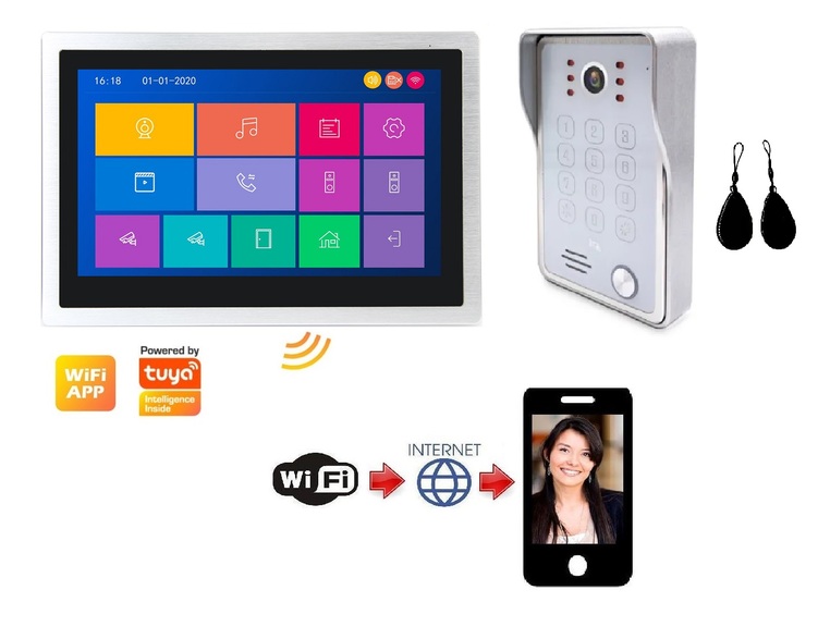 WiFi-s AHD 10 col IPS érintőképernyős IP kaputelefon SZETT. Kódzár és kártya. FlexiDoor. FS-103P214AW